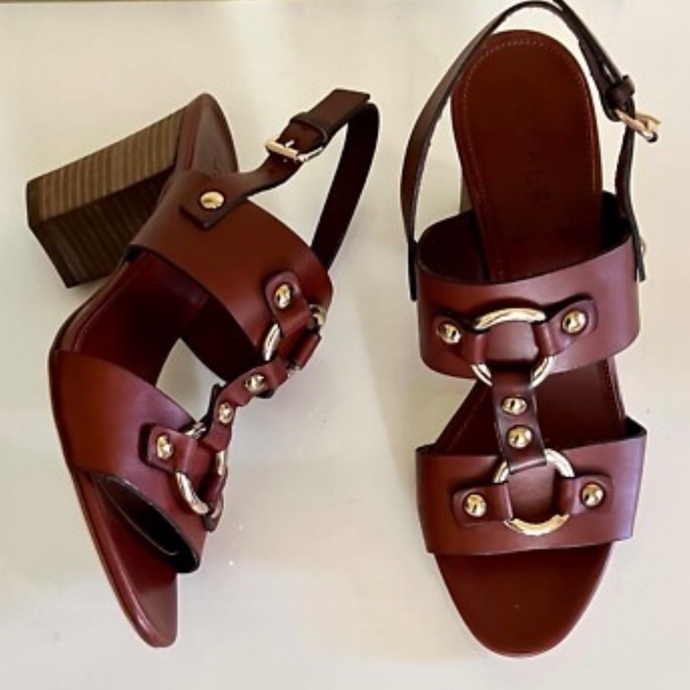 J. Crew Leather Equestrian Mid-Heel Sandals in Warm Redwood, sz 8, Made in Italy